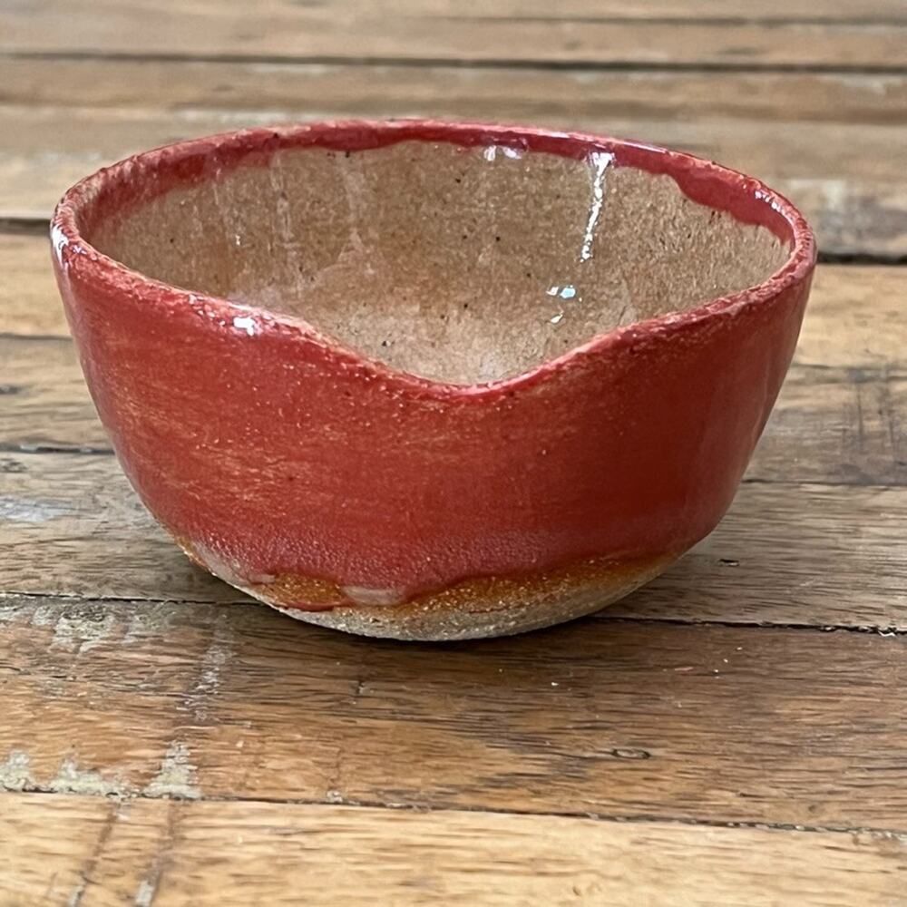 Small Stoneware Bowl Spout 3.25 in Orange Red Drip Glaze Signed Sofie